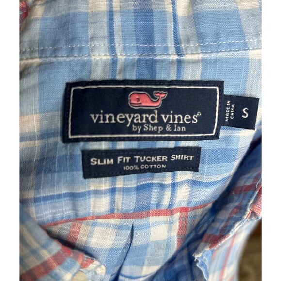 Vineyard Vines Men Slim Tucker Shirt Short Sleeves Cotton Plaid Blue and Red S - Picture 5 of 6